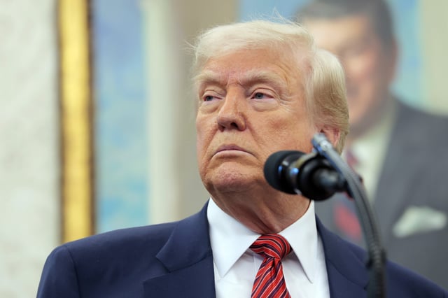 President Donald Trump speaks during a swearing-in ceremony for new U.S. Ambassador to China David Perdue in the Oval Office at the White House on May 07, 2025 in Washington, DC.