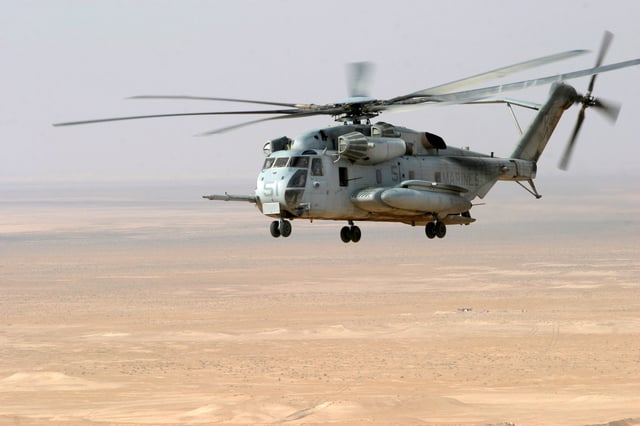 U.S. Marine Corps file photo shows a CH-53E Super Stallion helicopter in flight near the Iraqi/Syrian Borde
