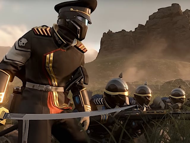 A Helldiver with a sword stands ready with his allies in Helldivers 2.