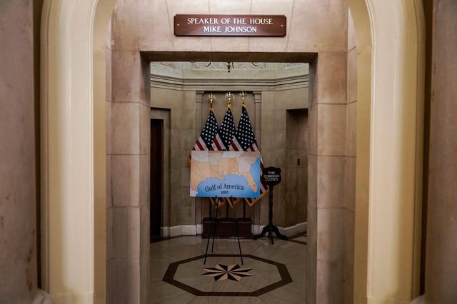 A sign showing the gulf is seen at the entrance to the office of US House Speaker Mike Johnson at the US Capitol in Washington, DC, on May 7.