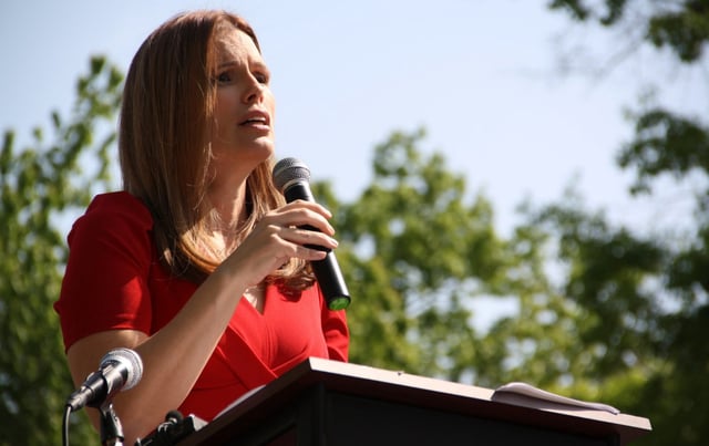 Democratic Associate Justice Allison Riggs speaks to protesters at a rally in Raleigh, N.C., on Monday, April 14, 2025.