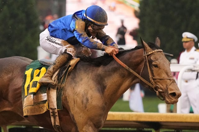 Sovereignty, ridden by Junior Alvarado, heads to the finish line to win the 151st running of the Kentucky Derby horse race at Churchill Downs on May 3 in Louisville, Kentucky. (Jeff Roberson, Associated Press file)