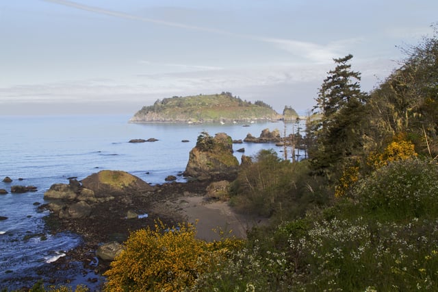 Trinidad Head and Little Trinidad Head with the rocky shore of Trinidad Bay. Trinidad, California