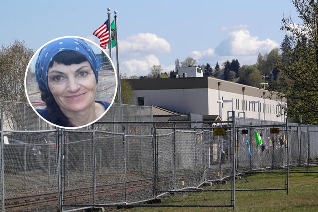 (L): A photo from NBC News of Cliona Ward, a green card holder who has lived in the United States for more than four decades and was detained by U.S. Customs and Border Protection at San Francisco International Airport on April 21 upon her delivery of requested documents, her sister told Newsweek.
(R): The Northwest Detention Center is shown, Wednesday, April 15, 2020, in Tacoma, Washington.