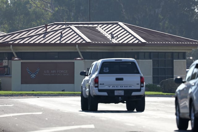 Cars enter Travis Air Force Base in Fairfield in 2023. 
