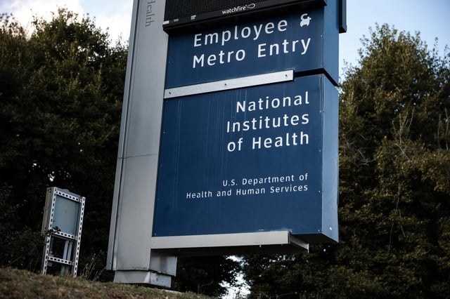 The entrance to the National Institutes of Health  campus, in Bethesda, Md., on Feb. 10, 2025.
