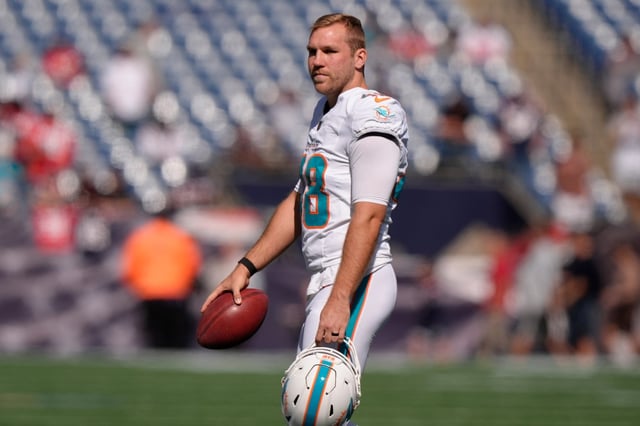Miami Dolphins long snapper Blake Ferguson prior to an NFL football game, Sunday, Oct. 6, 2024, in Foxborough, Mass. (AP Photo/Steven Senne)