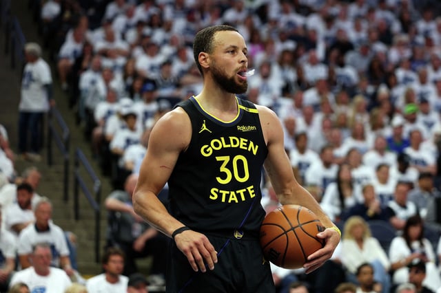 Stephen Curry of the Golden State Warriors looks on against the Minnesota Timberwolves in the second quarter of Game 1 of the second-round NBA playoff series at Target Center on May 6, 2025, in Minneapolis. The Warriors defeated the Timberwolves 99-88 to take a 1-0 series lead.