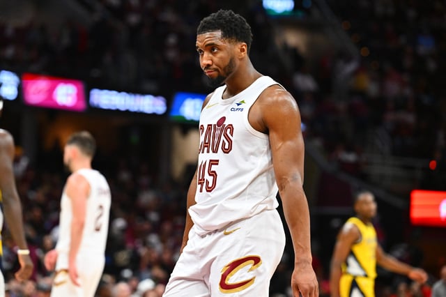 CLEVELAND, OHIO - MAY 04: Donovan Mitchell #45 of the Cleveland Cavaliers reacts during the fourth quarter of game one of the Eastern Conference Semifinals against the Indiana Pacers at Rocket Arena on May 04, 2025 in Cleveland, Ohio.