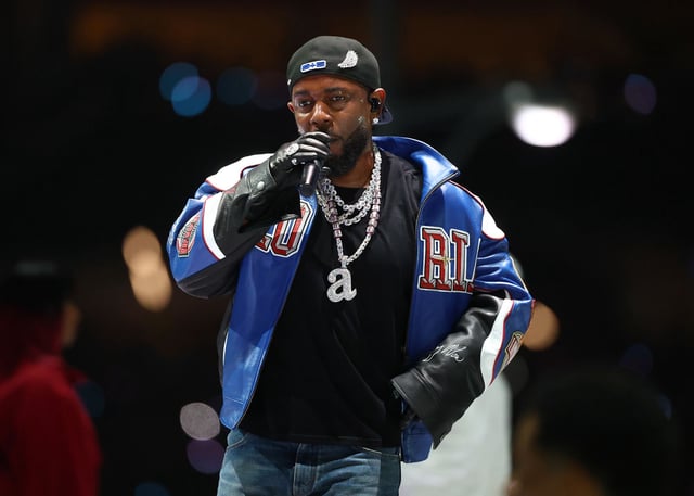 Feb 9, 2025; New Orleans, LA, USA;  Recording artist Kendrick Lamar performs during the halftime show of Super Bowl LIX between the Philadelphia Eagles and the Kansas City Chiefs at Ceasars Superdome. Mandatory Credit: Mark J. Rebilas-Imagn Images