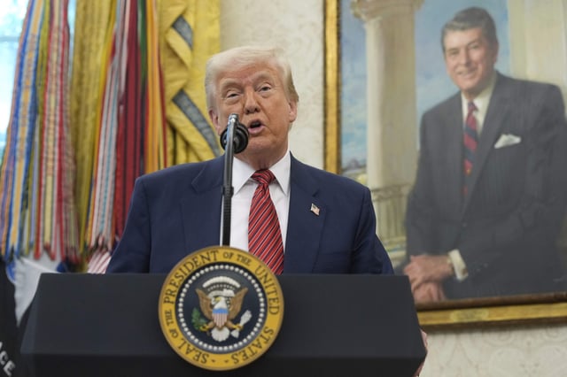 President Donald Trump speaks before David Perdue is sworn in as U.S. Ambassador to China during a ceremony in the Oval Office of the White House, Wednesday, May 7, 2025, in Washington.