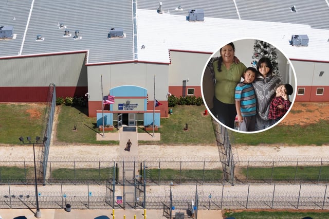 (L): A person walks into Bluebonnet Detention Center on Thursday, April 24, 2025, in Anson, Texas.
(R): Denisse Parra Vargas and her children.