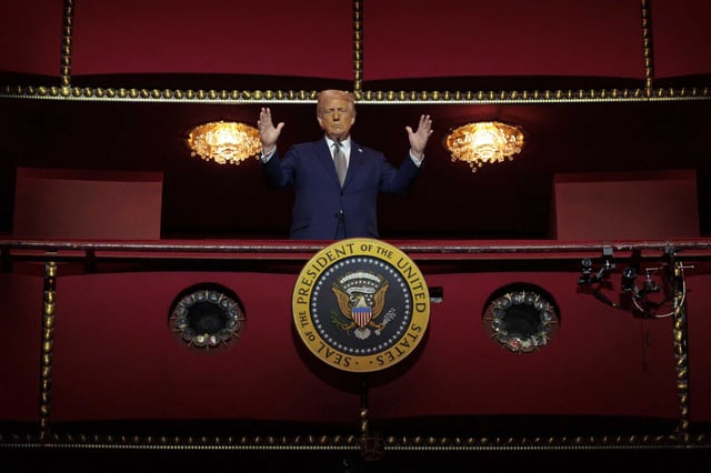 President Donald Trump looks down from the Presidential Box in the Opera House at the John F. Kennedy Center for the Performing Arts as he participates in a guided tour and leads a board meeting on March 17, 2025 in Washington, DC.