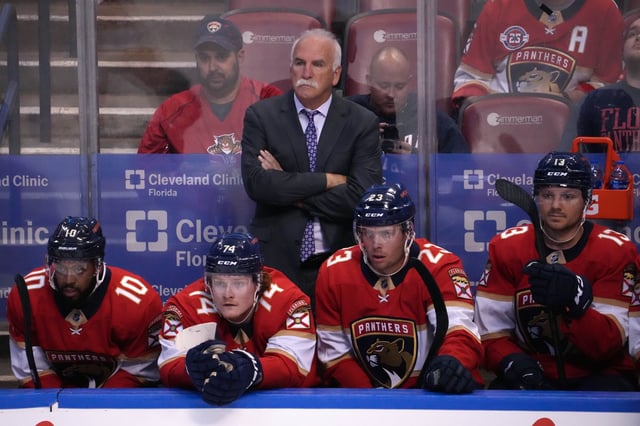 Oct 27, 2021; Sunrise, Florida, USA; Florida Panthers head coach Joel Quenneville watches during the first period against the Boston Bruins at FLA Live Arena. Jasen Vinlove-USA TODAY Sports/ File Photo
