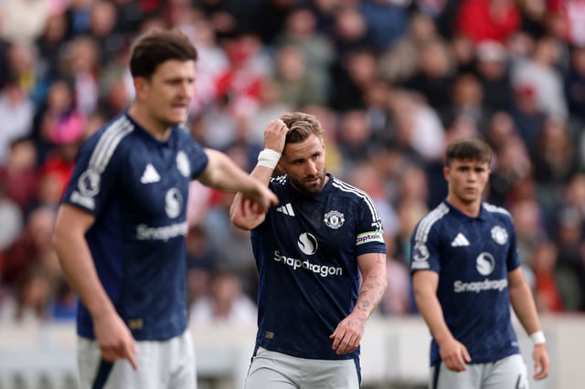 Luke Shaw of Manchester United reacts during the Premier League match between Brentford FC and Manchester United FC at Brentford Community Stadium on May 04, 2025 in Brentford, England.
