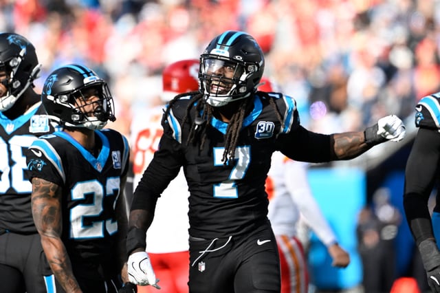 Nov 24, 2024; Charlotte, North Carolina, USA; Carolina Panthers linebacker Jadeveon Clowney (7) reacts after a sack in the second quarter at Bank of America Stadium. Mandatory Credit: Bob Donnan-Imagn Images/File Photo