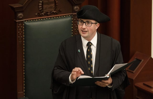 United Conservative Party MLA Nathan Cooper speaks after being voted in as Alberta's speaker of the house in Edmonton on May 21, 2019. THE CANADIAN PRESS/Jason Franson
