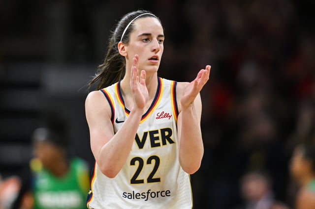 May 4, 2025; Iowa City, IA, USA; Indiana Fever guard Caitlin Clark (22) reacts during the first quarter against the Brazil National Team at Carver-Haweye Arena. Mandatory Credit: Jeffrey Becker-Imagn Images/File Photo