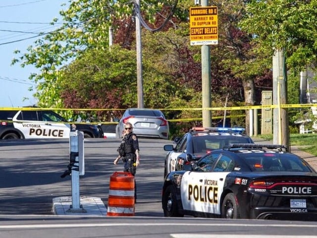 Police activity at Gorge Road and Washington Street in Victoria April 26, 2025. DARREN STONE, TIMES COLONIST