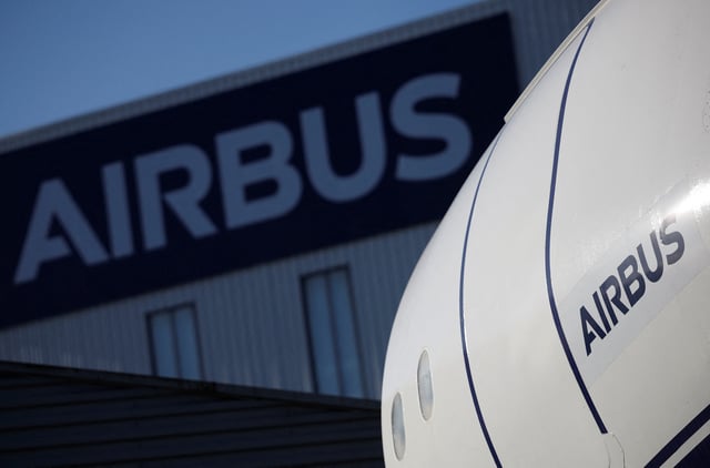 The logo of Airbus is pictured outside the Airbus facility in Saint-Nazaire, France, November 7, 2023. REUTERS/Stephane Mahe/File Photo