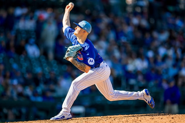 MESA, ARIZONA - MARCH 08: Cade Horton #70 of the Chicago Cubs pitches during the ninth inning of a Spring Training game against the Seattle Mariners at Sloan Park on March 08, 2025 in Mesa, Arizona.