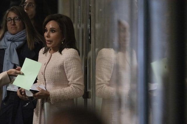 Jeanine Pirro stands in the hallway during a break in the trial of then-former and now current President Donald Trump at Manhattan criminal court in New York, on Friday, May 10, 2024.