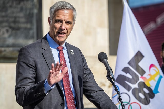 Reynold Hoover is the CEO of LA28 during the 2028 Olympic games announcement at the Los Angeles Memorial Coliseum on May 8, 2025.