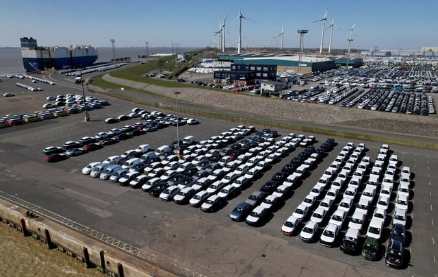 Drone view shows Volkswagen Group cars bound for cargo ship export to the United States at the seaport of Emden near the estuary, where the River Ems flows into the North Sea, in Emden, Germany, April 2, 2025. REUTERS/Erol Dogrudogan/File Photo