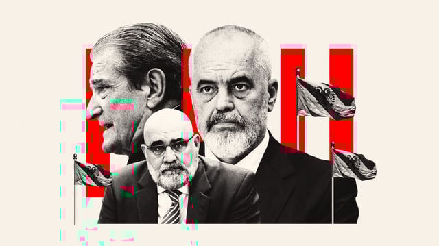 Photo composite illustration of Edi Rama, Sali Berisha and Chris LaCivita