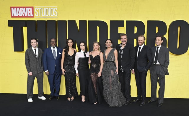 Jake Schreier, Wendell Pierce, Geraldine Viswanathan, Julia Louis-Dreyfus, Florence Pugh, Hannah John-Kamen, David Harbour, Wyatt Russell and Lewis Pullman at the European premiere of &#34;Thunderbolts*&#34; held on April 22, 2025 at Cineworld Leicester Square in London, England.