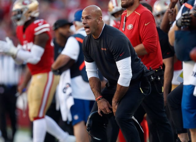 SANTA CLARA, CALIFORNIA – NOVEMBER 17: San Francisco 49ers defensive coordinator Robert Saleh reacts to a play against the Arizona Cardinals in the third quarter at Levi’s Stadium in Santa Clara, Calif., on Sunday, Nov. 17, 2019. (Nhat V. Meyer/Bay Area News Group)