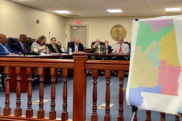 In this July 2023 photo, an Alabama Senate committee discusses a proposal to draw new congressional district lines in Montgomery, Alabama.