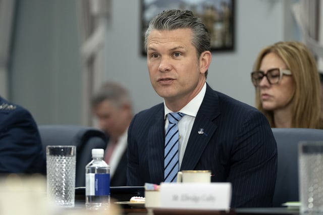 Secretary of Defense Pete Hegseth speaks during a meeting with Peru&#39;s Foreign Affairs Minister Elmer Schialer and Peru&#39;s Minister of Defense Walter Astudillo at the Pentagon, Monday, May 5, 2025, in Washington.