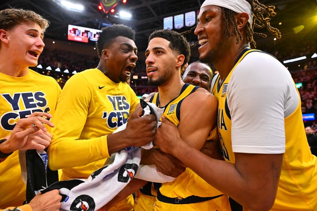 Tyrese Haliburton #0 of the Indiana Pacers after the Pacers celebrates with teammates after defeating the Cleveland Cavaliers in game two of the Eastern Conference Semifinals at Rocket Arena on May 06, 2025, in Cleveland, Ohio. The Pacers defeated the Cavaliers 120-119.