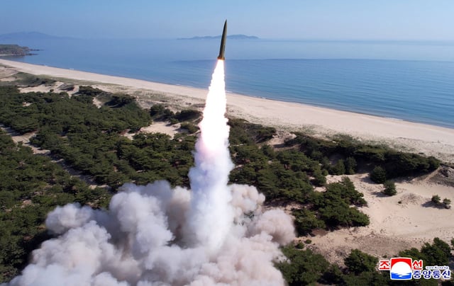 A handout photo shows a missile launch, in North Korea, May 8, 2025. KCNA via REUTERS