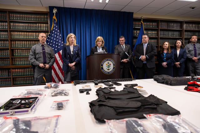 Queens District Attorney Melinda Katz speaks to the press during a conference regarding 20 defendants indicted in a vehicle theft ring dubbed “Operation Hellcat” at the Queens District Attorney’s Office in Queens, Thursday, May 8, 2025. (Shawn Inglima/New York Daily News)