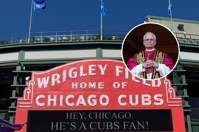 Wrigley Field, home of the Chicago Cubs, declared on its marquee on Thursday, March 8, 2025, that newly elected Pope Leo XIV, a Chicago native, is a fan of their Major League Baseball team. Inset: The newly elected Pontiff, Pope Leo XIV is seen for the first time from the Vatican balcony on May 8, 2025, in Vatican City, Vatican. White smoke was seen over the Vatican early this evening as the Conclave of Cardinals took just two days to elect Cardinal Robert Francis Prevost, who will be known as Pope Leo (Leone) XIV, as the 267th Supreme Pontiff after the death of Pope Francis on Easter Monday.