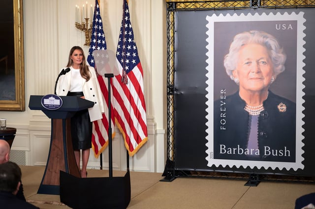 First lady Melania Trump speaks during the unveiling of a US Postal Service stamp honoring former first lady Barbara Bush in the East Room at the White House on May 8 in Washington, DC.