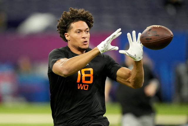 Mar 1, 2025; Indianapolis, IN, USA; Iowa State wideout Jayden Higgins (WO18) during the 2025 NFL Combine at Lucas Oil Stadium. Mandatory Credit: Kirby Lee-Imagn Images/File Photo