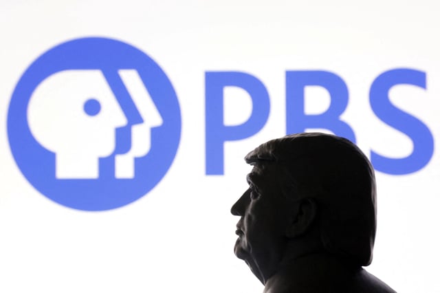 A 3D-printed miniature model of U.S. President Donald Trump with the Public Broadcasting Service (PBS) logo in the background is seen in this illustration taken April 23, 2025.