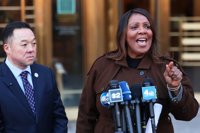 NEW YORK, NEW YORK - FEBRUARY 14: NY Attorney General Letitia James speaks as Connecticut Attorney General William Tong (L) listens on during a press conference on the Department of Government Efficiency (DOGE) at Manhattan Federal Courthouse on February 14, 2025 in New York City. James was joined by Tong for a press conference ahead of a scheduled court hearing as they discussed their ongoing lawsuit with 17 other state attorneys general to stop Elon Muskâ€™s DOGE from accessing personal data housed in the Treasury Department. (Photo by Michael M. Santiago/Getty Images)