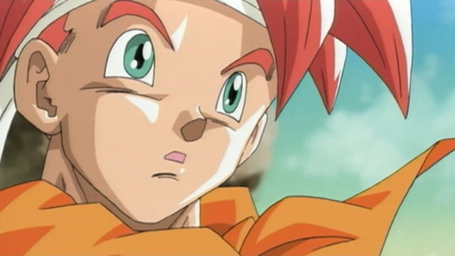 Still from a Chrono Trigger cutscene showing a close up of protagonist Crono's face