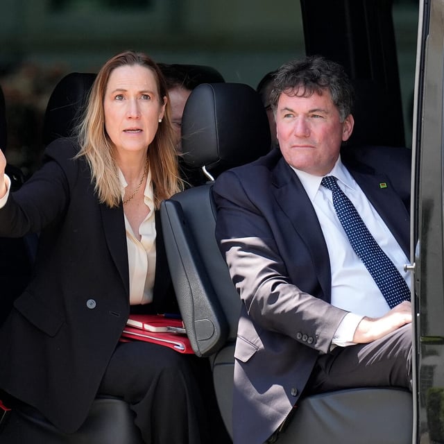 Canadian Ambassador to the United States Kirsten Hillman, left, and Intergovernmental Affairs Minister Dominic LeBlanc prepare to leave following a meeting between Prime Minister Mark Carney and U.S. President Donald Trump at the White House in Washington, D.C., Tuesday, May 6, 2025. THE CANADIAN PRESS/Adrian Wyld