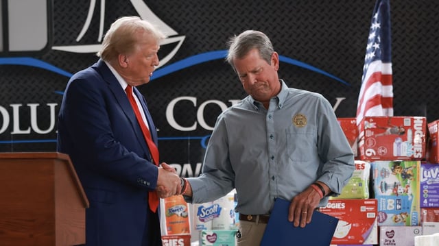 President Trump and Georgia Gov. Brian Kemp prepare to meet with those affected by Hurricane Helene in Evans, Ga., in October 2024. Photo: Joe Raedle/Getty Images