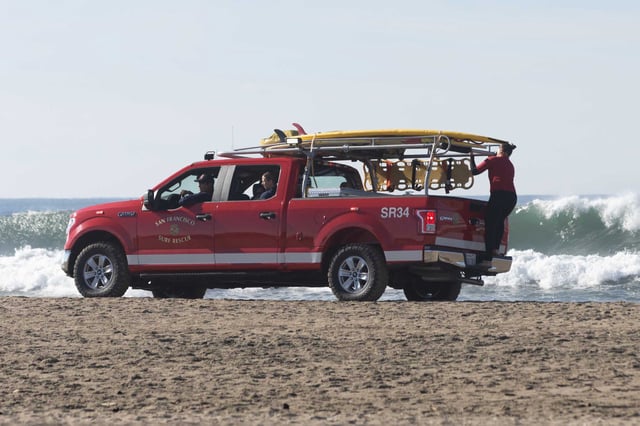 A San Francisco Surf Rescue team patrols Ocean Beach on Dec. 5, 2024. A man died Thursday after entering the surf at the beach in an attempt to rescue his dog, according to the San Francisco Fire Department.