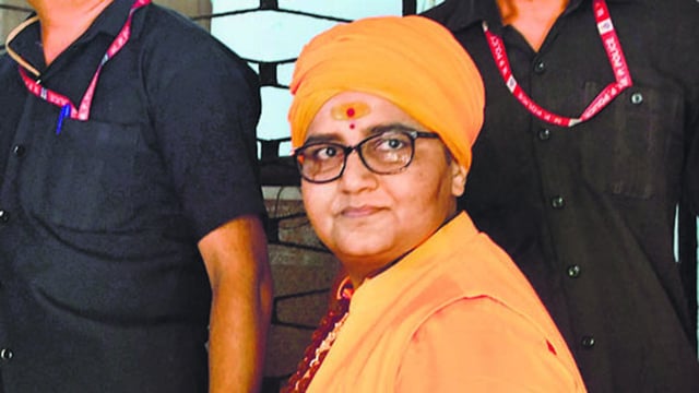 Mumbai, India – 08, May 2025: Former BJP MP Sadhvi Pragya Singh Thakur leaves the special NIA court in the 2008 Malegaon blast case, in Mumbai, India, on Thursday, May 08, 2025. (Photo by Bhushan Koyande/HT Photo)