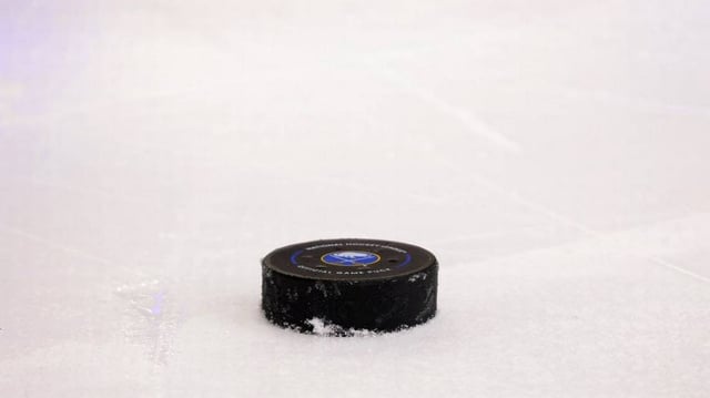Dec 7, 2024; Buffalo, New York, USA;  A general view of the hockey puck used for a game between the Buffalo Sabres and the Utah Hockey Club at KeyBank Center. Mandatory Credit: Timothy T. Ludwig-Imagn Images