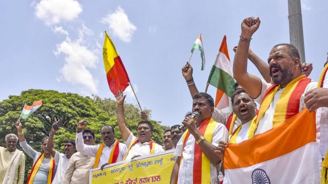 Pro-Kannada activists celebrate Indian armed forces’ Operation Sindoor against terrorists, in Chikkamagaluru on Thursday. (PTI)