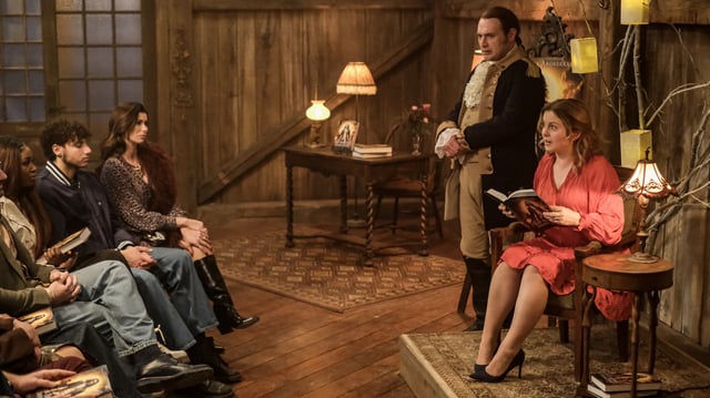 “The Devil Went Down to Woodstone” – Sam and Jay host a big party for the launch of Sam and Isaac’s vampire book, on the fourth season finale of CBS Original series GHOSTS, Thursday, May 8 (8:30-9:00 PM, ET/PT) on the CBS Television Network, and streaming on Paramount+ (live and on demand for Paramount+ with SHOWTIME subscribers, or on demand for Paramount+ Essential subscribers the day after the episode airs)*. Mary Holland (Patience), Punam Patel (Bela) and Matt Walsh (Elias Woodstone) return as guest stars. Pictured (L-R): Brandon Scott Jones as Isaac and Rose McIver as Samantha.