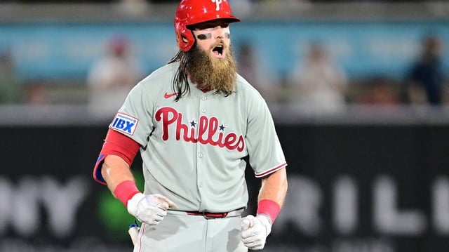 Brandon Marsh of the Philadelphia Phillies reacts after hitting the go-ahead RBI double in the 10th inning against the Tampa Bay Rays at George M. Steinbrenner Field on Thursday, May 8, 2025, in Tampa, Florida. (Julio Aguilar/Getty Images/TNS)